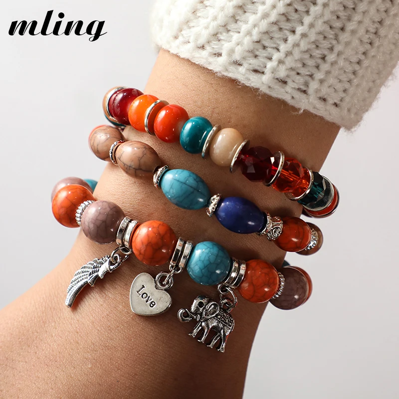 3 шт./компл. в богемном стиле Bijoux(украшения своими руками) бусины Браслеты для Для женщин эластичная нить браслет со слоном амулеты перья в едином положении во время занятий легкой атлетикой, Feminina