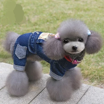 

Dog Clothes Pretty Puppy Jumpsuit Jean Clothing with Hoodies Red Cap Pets Taddy Winter Costumes Thicker Cotton For Small Dogs