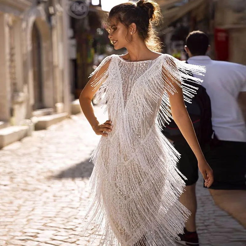 

Linglewei 2019 New women's dress slim fringe dress