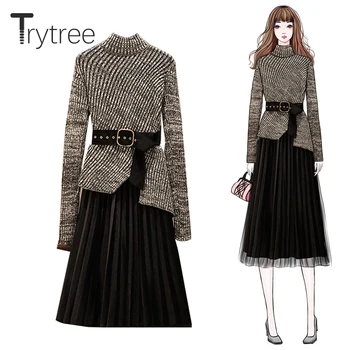 

Trytree 2019 Autumn Winter Two piece set Casual Turtleneck Loose Irregularity Belt Top + Skirt Pleated Black Fashion 2 Piece Set