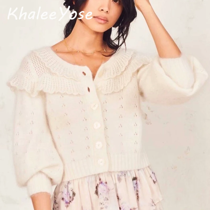 KHALEE YOSE, 20% шерсть, шикарный свитер, кардиган, Hayden, Укороченный кардиган, открытая вязка, оборки, пуговицы, длинный рукав, синий свитер для женщин