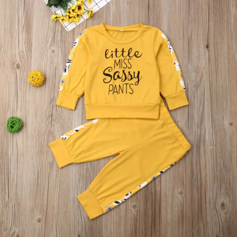 LOOZYKIT Infant Kids Baby Girl Long Sleeve Pullover Letter Print T-shirt Tops Pant Trouser 2PCS Autumn Clothes Set