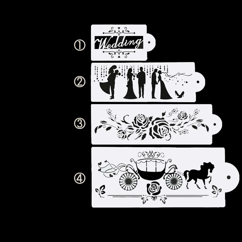 4Pcs Coffee Spray Stencil Mold Set Wedding Cake Stencil Fondant Cake Mould Decorating Bakery Tools DIY Printing Spray Template2