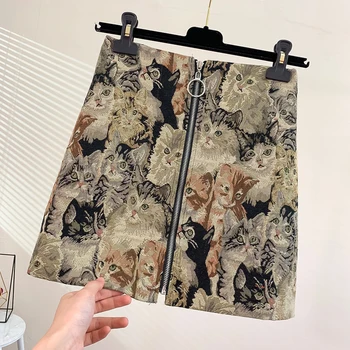 

Retro embroidered skirt full cats and dogs pattern buttock a line short skirts