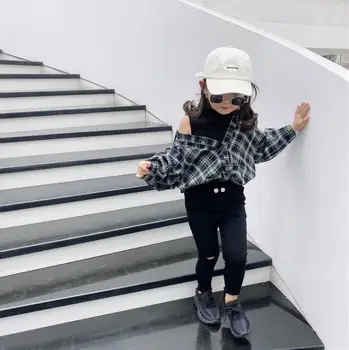 

2020 New Style Girls Plaid Shirt With Vest Top Spring Cotton Fashion Girls Blouse 2-7t PO642