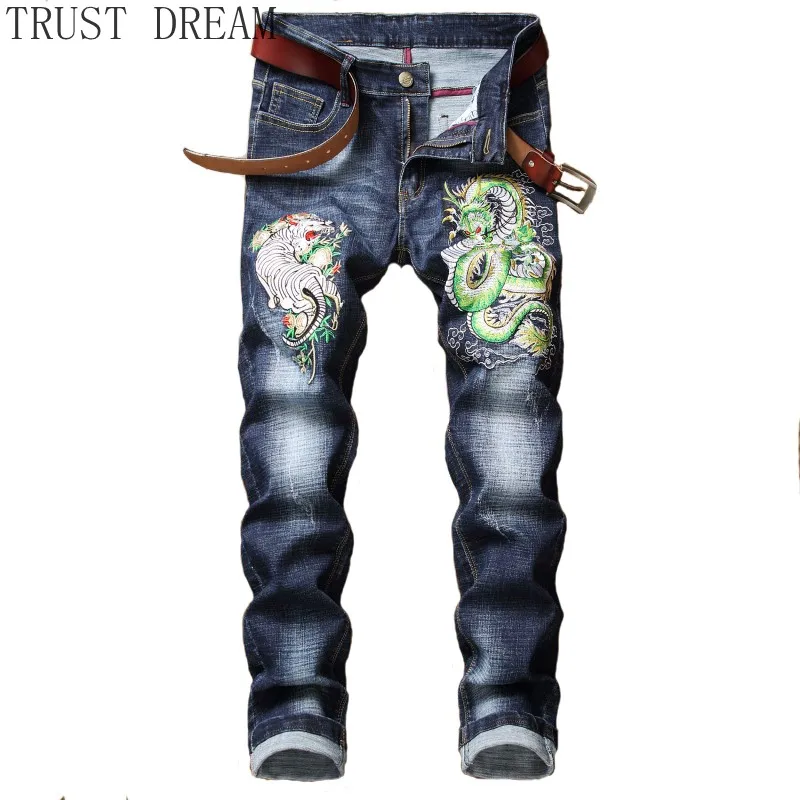 

2019 Japan Designed Man Stretch Jeans Slim Embroidery Tiger Dragon Men Style Powerful Stonewashed Male High quality Trousers