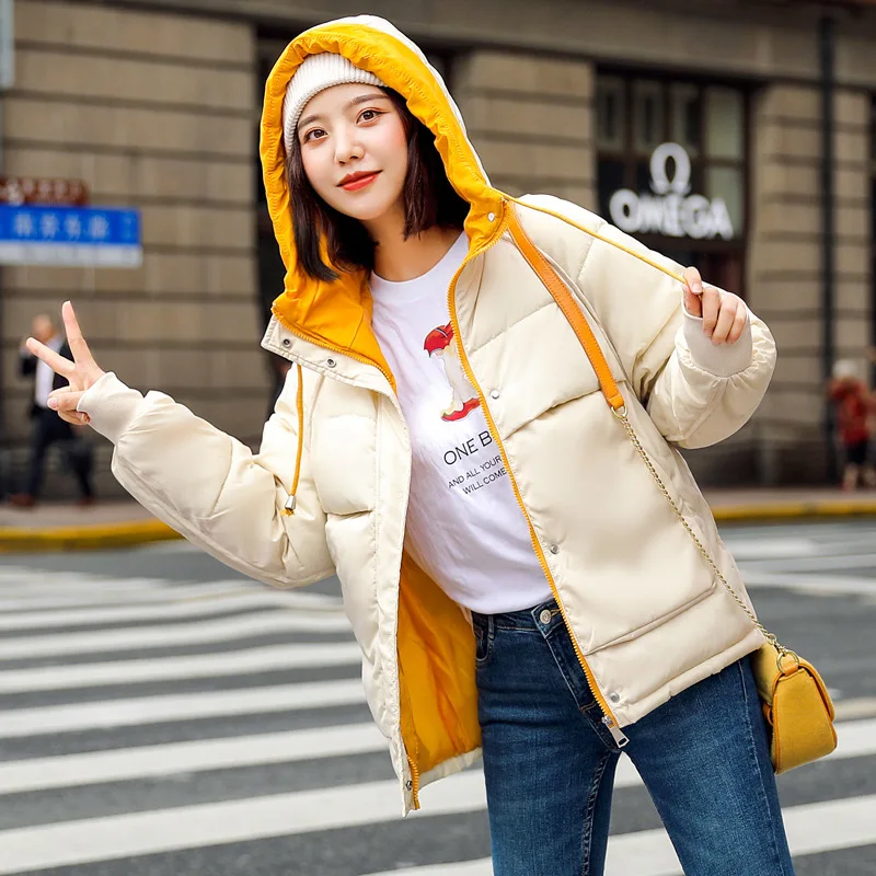 Модная короткая зимняя куртка для женщин, тонкое женское пальто, утепленная парка, Хлопковая женская куртка с капюшоном ярких цветов - Цвет: 1