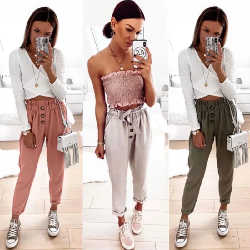 

Women Casual Front Buttons Ankle-Length Pants Solid Elastic High Waist Sashes Elegant Pants Autumn Spring Fashion Women Clothes