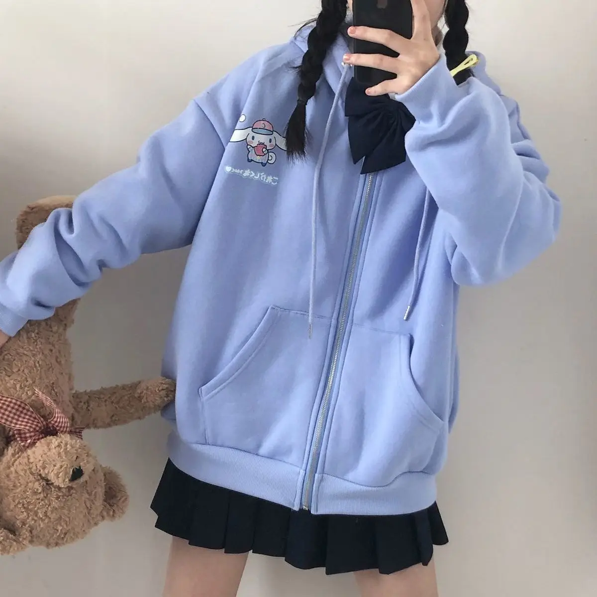 Anime Print Hoodie Women Long Sleeve Cute Print Plus Velvet Sweatshirt women Winter Kawaii Fashion Zip Up Hoodie Women