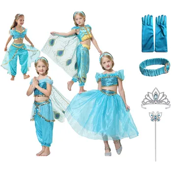

Girls Princess Jasmine Costume Party Princess Dress Kids Clothing Set Children Aladdin Tops Pants Headband for the Magic Lamp