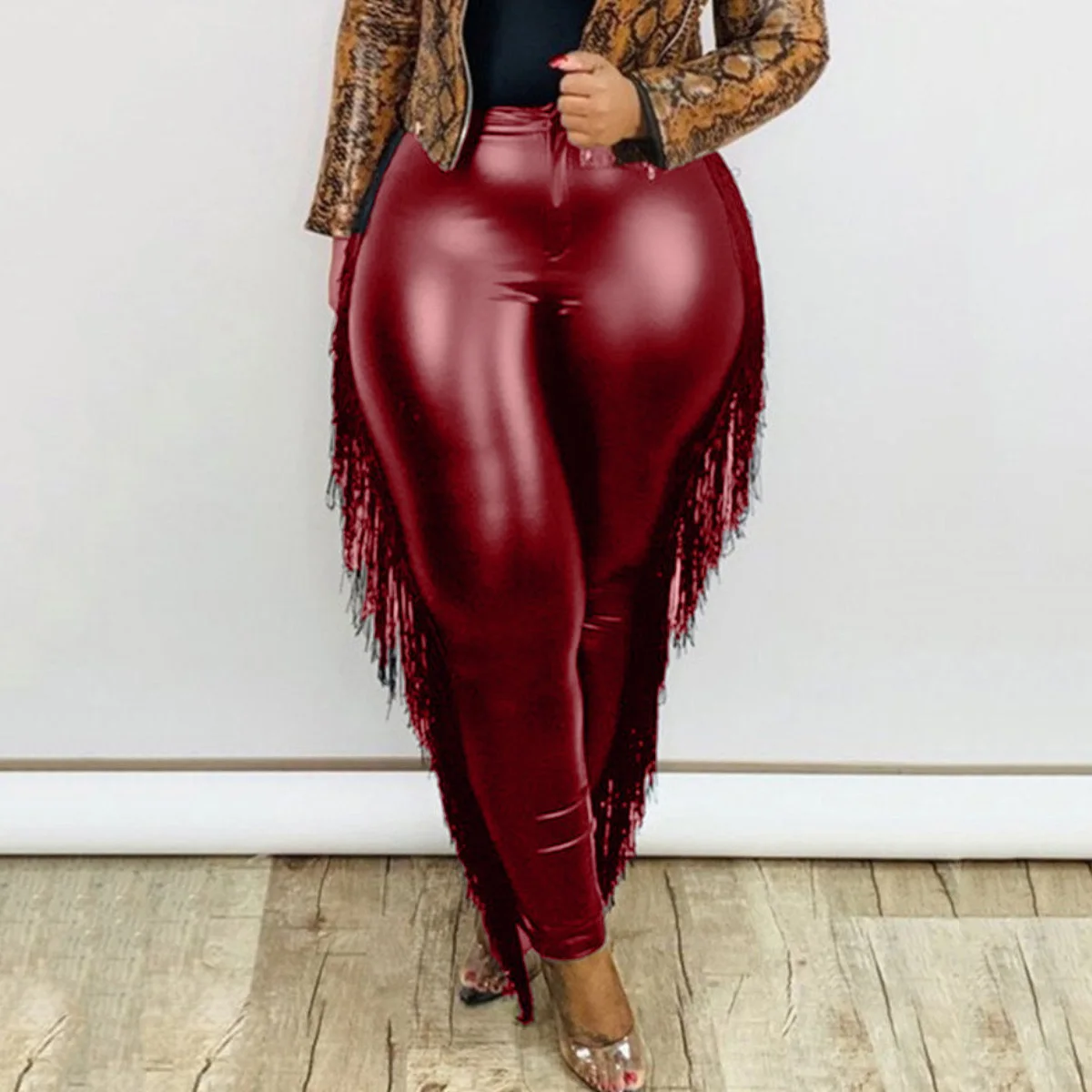 burgundy latex pants