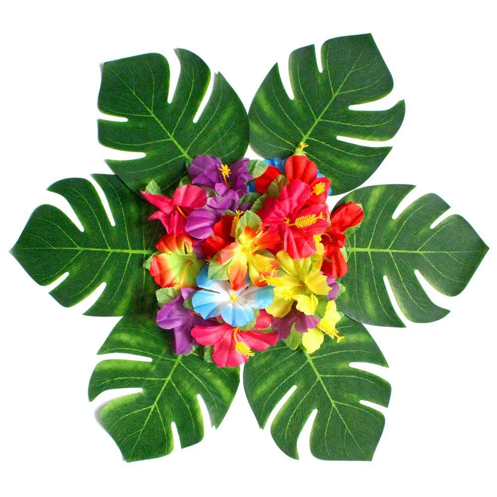 36pcs Leaves Simulation Flower Leaf For Hawaiian Luau Party 8" Tropical Leaves Hibiscus Flowers Table Decorations