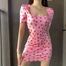

Woman Sexy Strawberry Dress Summer Pink High Waist Slim Bodycon Push Up Hip Party Dresses Sweet Girl Streetwear Y2k Costume 2021