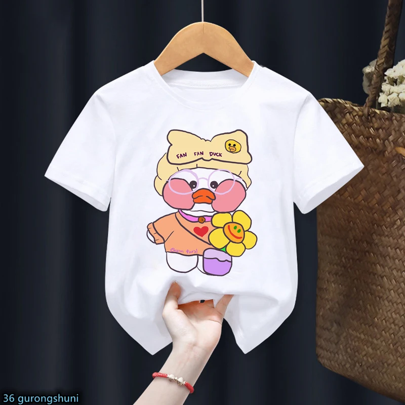 

New Lalafanfan T Shirt Cartoon Cafe Kawaii Duck Plush Toy Print Birthday Gift Boy Girls T-Shirt Unisex Clothes Short Sleeve Top