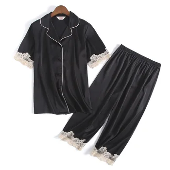 

Summer Women Short Sleeve Silk Pajama Set Turn-down Collar Nightgown Sleepwear Calf-length Pants Spring Nightsuit