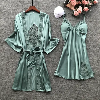 

Munllure Sexy sling pajamas women's nightgown with chest pad ice silk long-sleeved pajamas two-piece suit home service