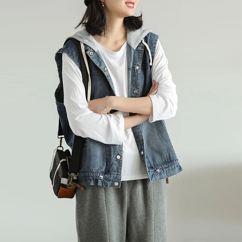 Новинка 2019 осенняя модная винтажная жилетка с капюшоном женская джинсовая