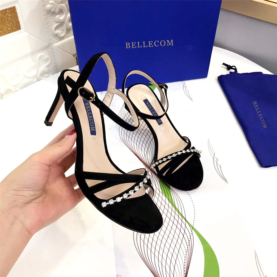 

BELLECOM Summer commute versatile leather open-toe sandals with high heels for comfortable cross-cut drapery for women