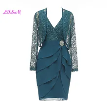 Elegante abito per la madre della sposa in pizzo glitterato con scollo a v e giacca Applique al ginocchio abito da sera formale in Chiffon abiti da madre