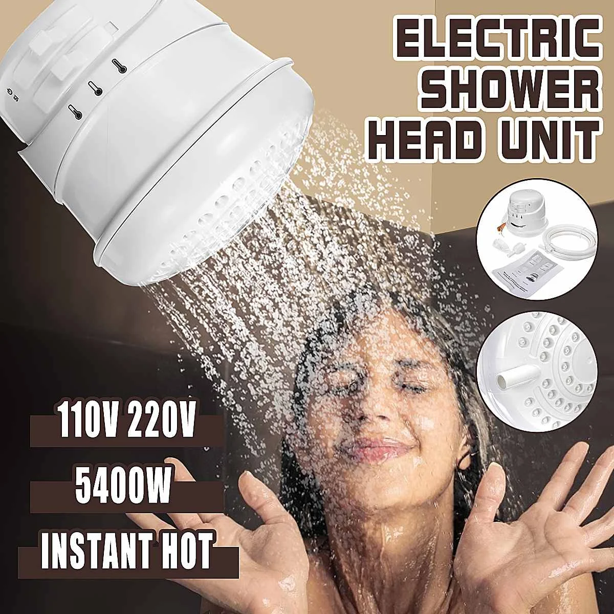 Cabezal de ducha eléctrico de 5400W y 110V/220V, calentador instantáneo de agua con temperatura ajustable, para baño, con manguera de 2m