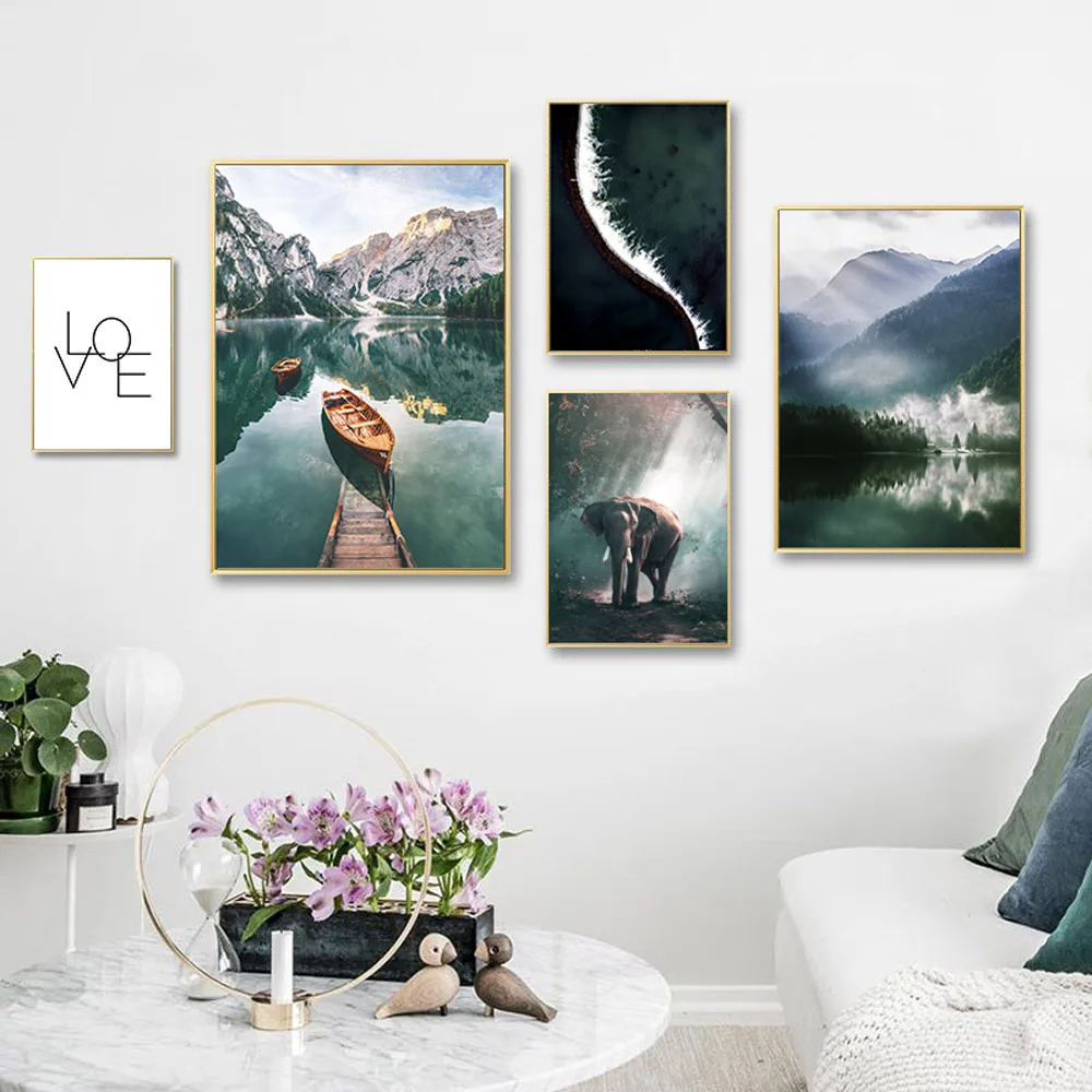 

Love Quotes Print Nordic Poster Mountain Lake Posters Painting Elphant Canvas Painting Landscape Wall Pictures For Living Room
