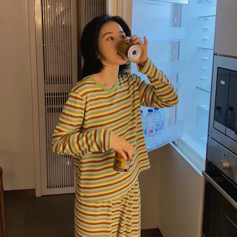 

Genuine Product amomi Good Night Candy Clothing Autumn Long Sleeve Rainbow Stripes Pajamas Two-Piece Set Tracksuit Women's