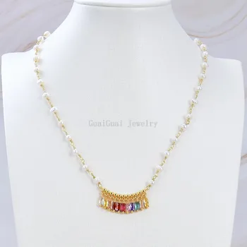 

GuaiGuai Jewelry Freshwater White Pearl Necklace Rainbow Color Rectangle Cz Pave Bar Pendant 18"
