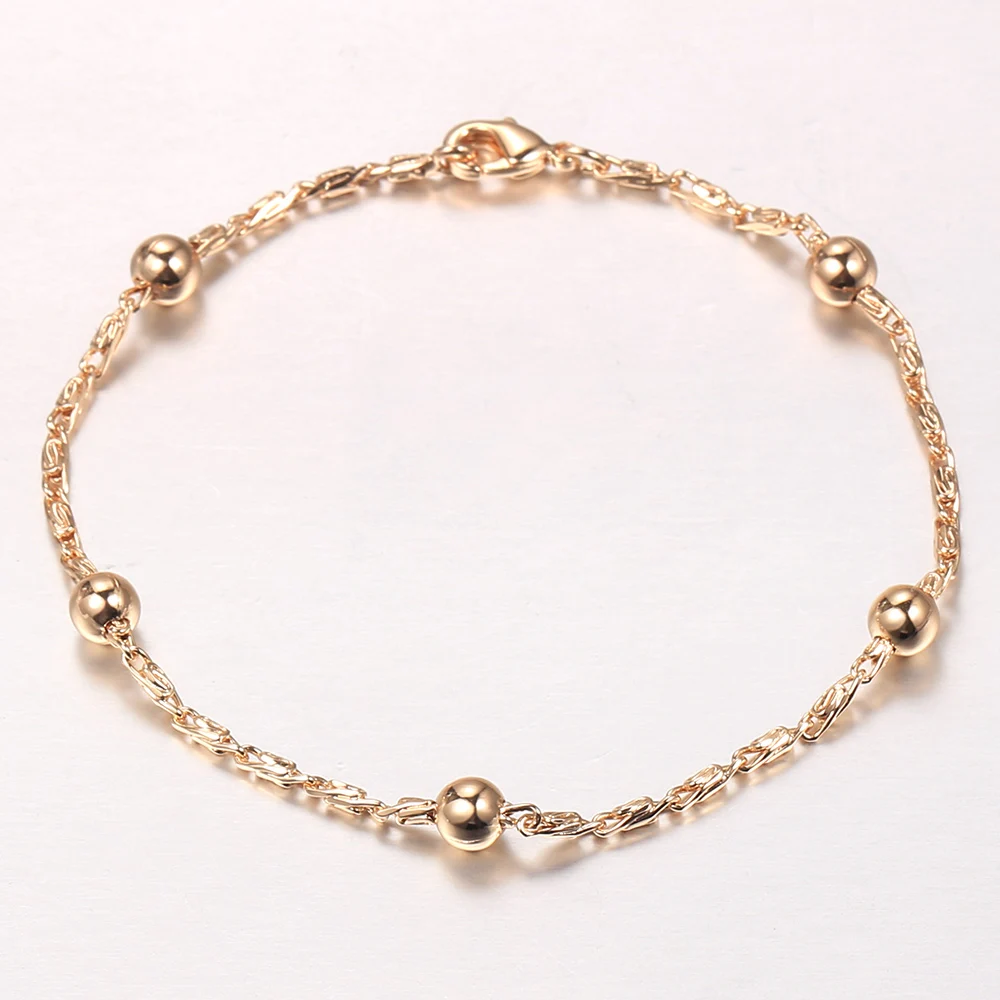 Women Basic 585 Rose Gold Color Ball Beaded Bracelet Gold Filled Satellite Link Chain Fashion Jewelry Birthday Gift 20cm CB66
