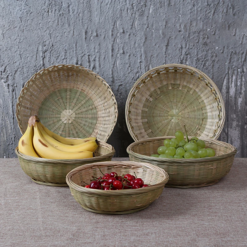 

Handmade Storage Basket Fruit Tray Bamboo Wicker Picnic Plate Panier Osier Food Dishes Snack Hamper Natural Vintage Home Decor