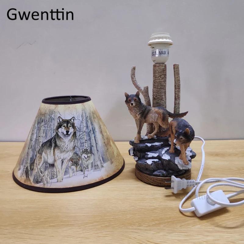 Современные смоляные настольные лампы с изображением волка, светодиодный настольный светильник для гостиной, спальни, домашний декор, лампа с животными, прикроватные светильники для чтения E27
