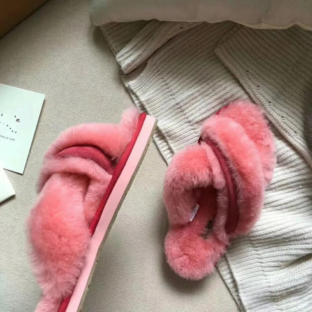 Женские тапочки; пушистые плюшевые тапочки; Вьетнамки; зимние сандалии из натуральной шерсти; Роскошные брендовые туфли на меху для девочек; 18 см; шерсть