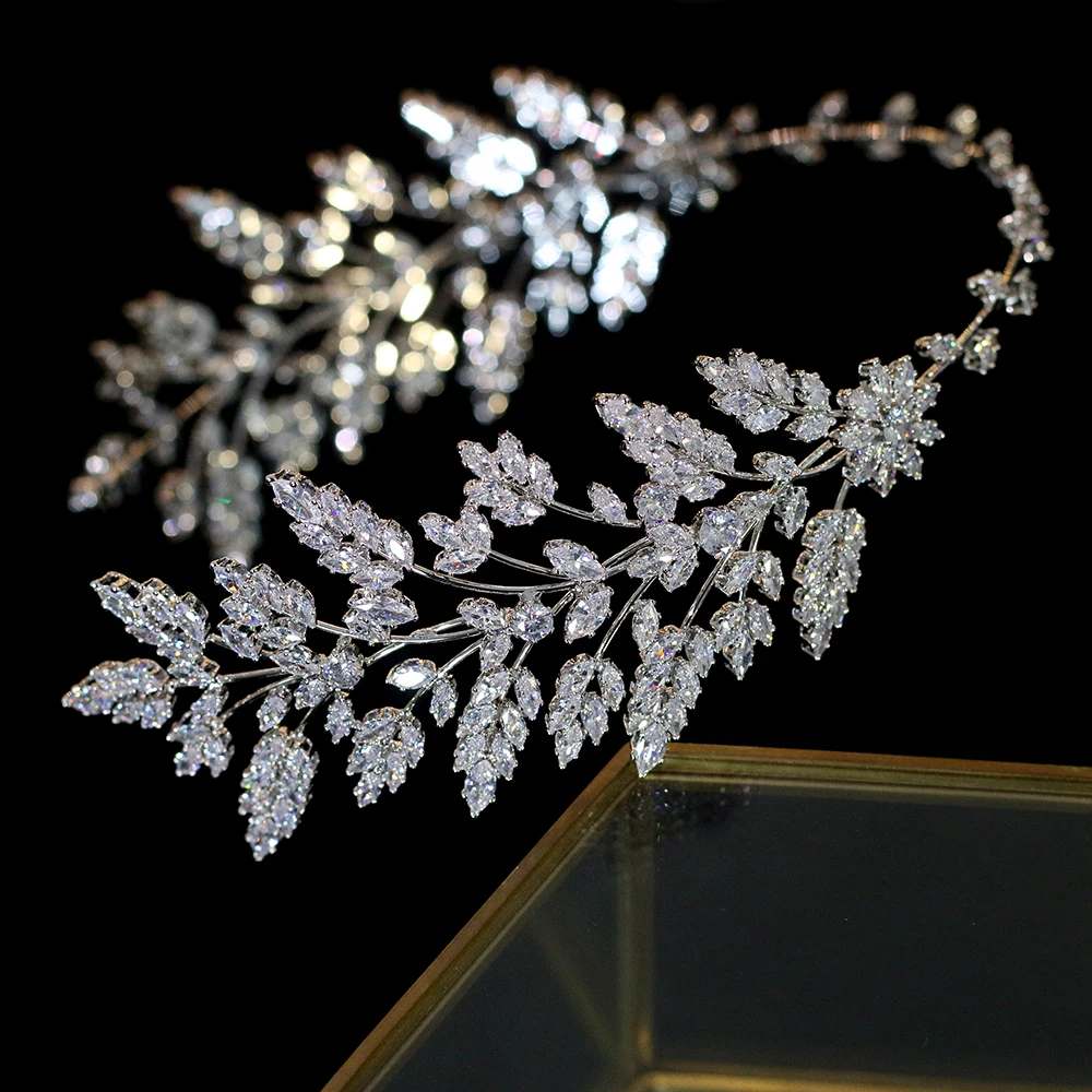 ASNORA Fashion Women's Hair With Bridal Jewelry Tiaras Wedding Headband Jewelry Leaves Headband Zirconia Crystal Crown
