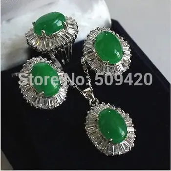

Wholesale>>>JJ6543 Lovely Sets natural green stone pendant necklace silver Stud earring Ring