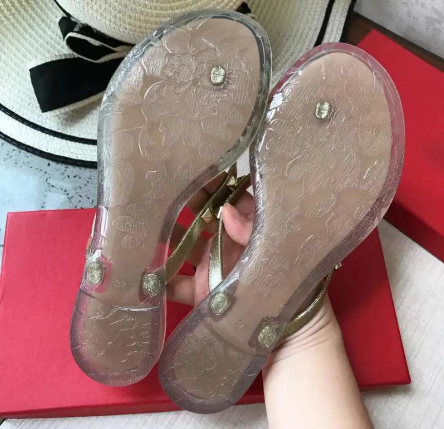 Summer Beach Sandals Woman Flip Flops PVC Slides Female Sandals Rivet Bowknot Slip on Flat with Women Studs Slippers Jelly Shoes