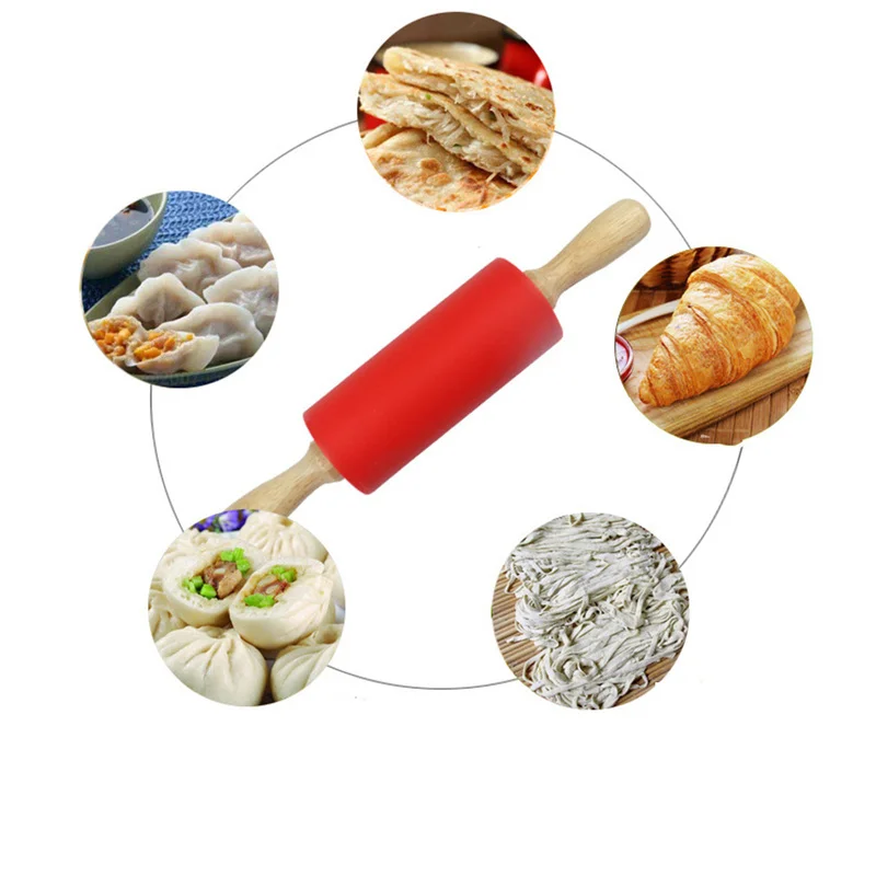 Silicone Rolling Pin Dough Roller with Wooden Handle Kitchen Baking Tool for Fondant Cake Pasta Cookie Dough Bakery Pastry Tools