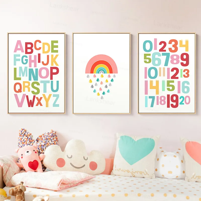 Пол нейтральный стена искусство Алфавит принт для детской постер с радугой Kawaii