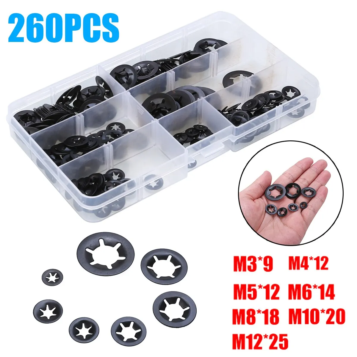 260pcs Star Nut Metal Star lock Push-on Locking Washer Fastener Assorted Kit Quick Speed Locking Washers M3 M4 M5 M6 M8 M10 M12