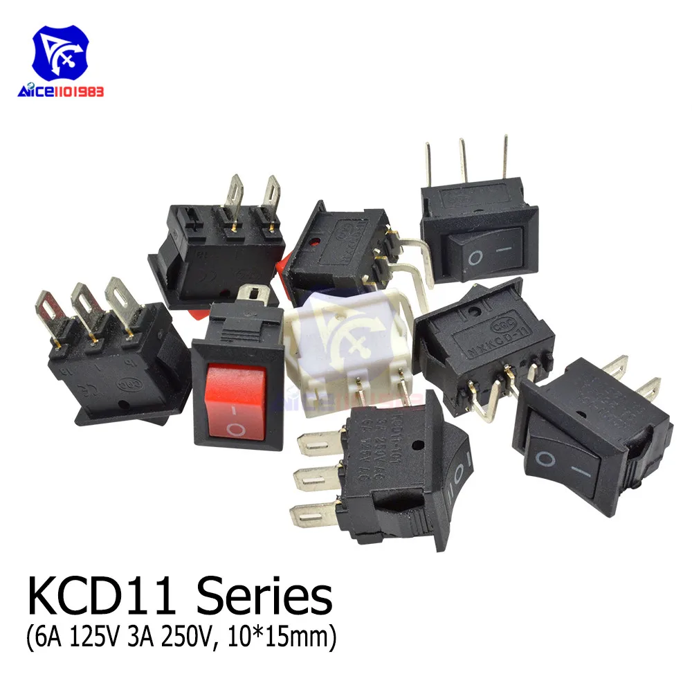 Diymore 10 шт./лот KCD11-101 Rocker Switch 3A 250V 6A 125V 2Pin/3Pin ON-OFF/ON-OFF-ON 15x10mm SPST | Электронные компоненты