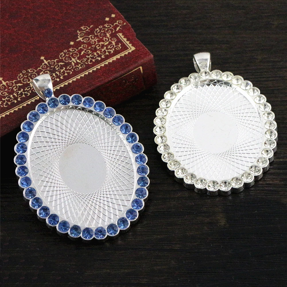 5pcs 30x40mm Inner Size Bright Silver Plated Transparent and Blue Rhinestone Style Cameo Cabochon Base Setting Pendant | Украшения и