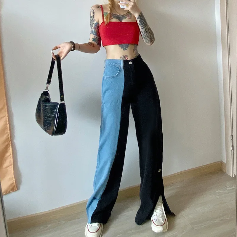 NCLAGEN Fashion Side Covered Button Slit Wide Leg Denim Pants Women Loose Casual Streetwear Color Block Patchwork Vogue Trousers NCLAGEN Fashion Side Covered Button Slit Wide Leg Denim Pants Women Loose Casual Streetwear Color Block Patchwork Vogue Trousers