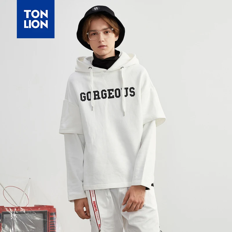 

TONLION Fake Two Pieces Sweatshirt Hooded Men Pullovers Fashion Student Literary Hoodies Sweatshirts Letter Dcoration Spring New