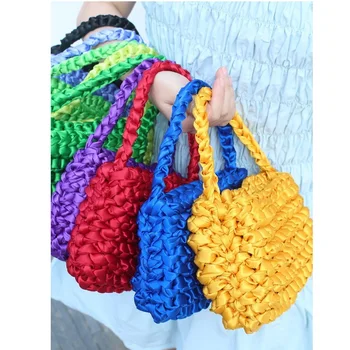 

Seaside Holiday Mini Fluorescent Bag Satin Silk Rope Knot Bag Female Fashion Woven Handbag 2019 Korea New Small Retro Purses