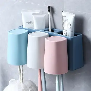 

1 Set Plastic Toothbrush Rack Suction Wall Toothbrush Holder Toothpaste Holder Storage Rack with 3pcs Tooth Mug