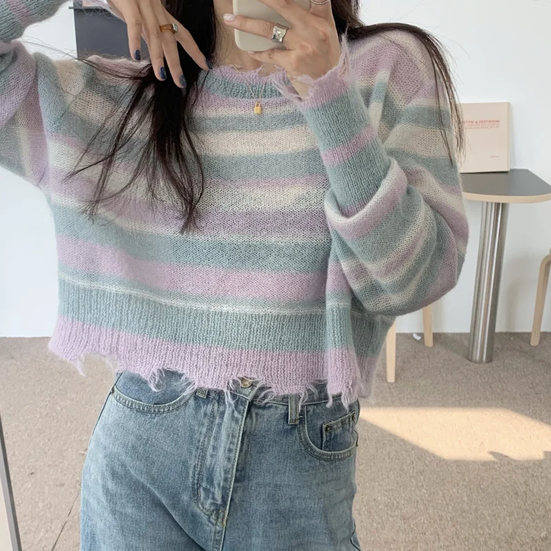 

Autumn striped loose loose lazy style irregular design sweater women