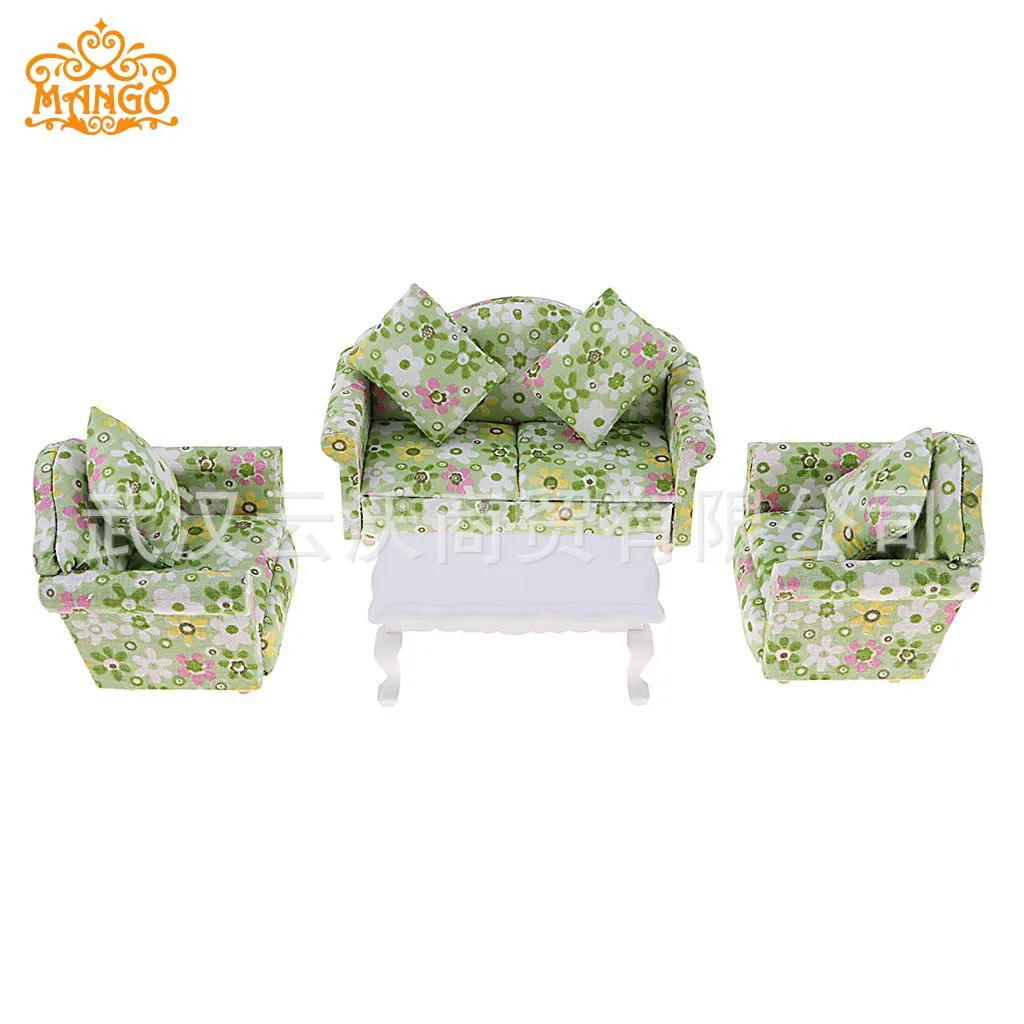 1: 12 Dollhouse Mini Furniture Model Living Room Floral Print Plaid Sofa Band Teapoy Table 4 Pieces in a Set