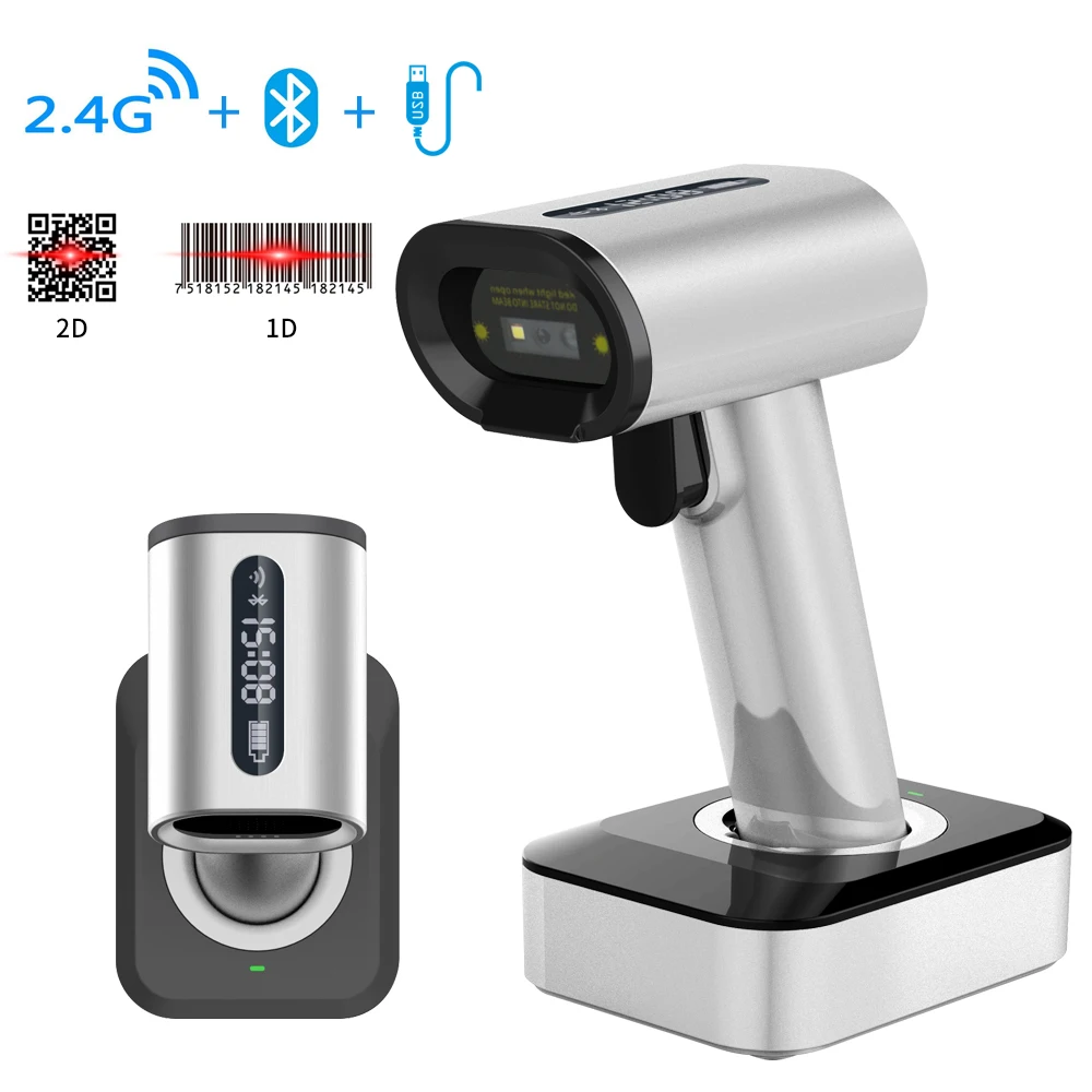 1D 2D Handheld USB 2.4G Wireless Bluetooth Barcode Scanner with Charge Base and LCD Screen Display