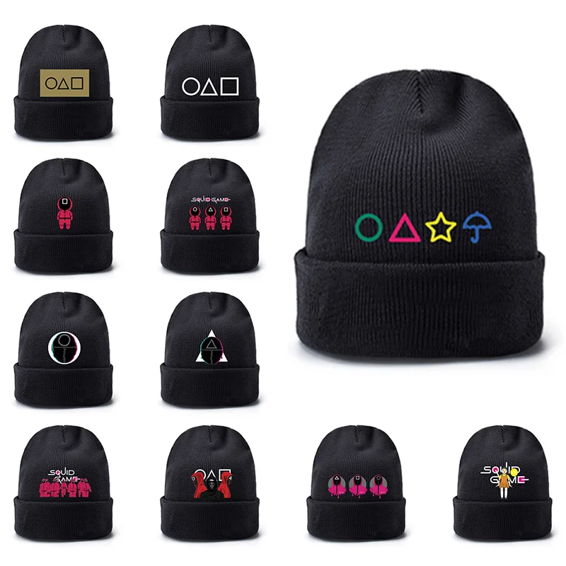 Hot Sale Korea Squid Game Knitted Hat Unisex Women Men Winter Autumn Outdoor Party Hats Tide Hip Hop Caps Cuffed Beanies Black