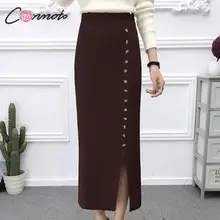 Conmoto Облегающие юбки с завышенной талией, длинная трикотажная юбка с разрезом на пуговицах, Женская Однотонная юбка в рубчик, Повседневная осенне-зимняя юбка