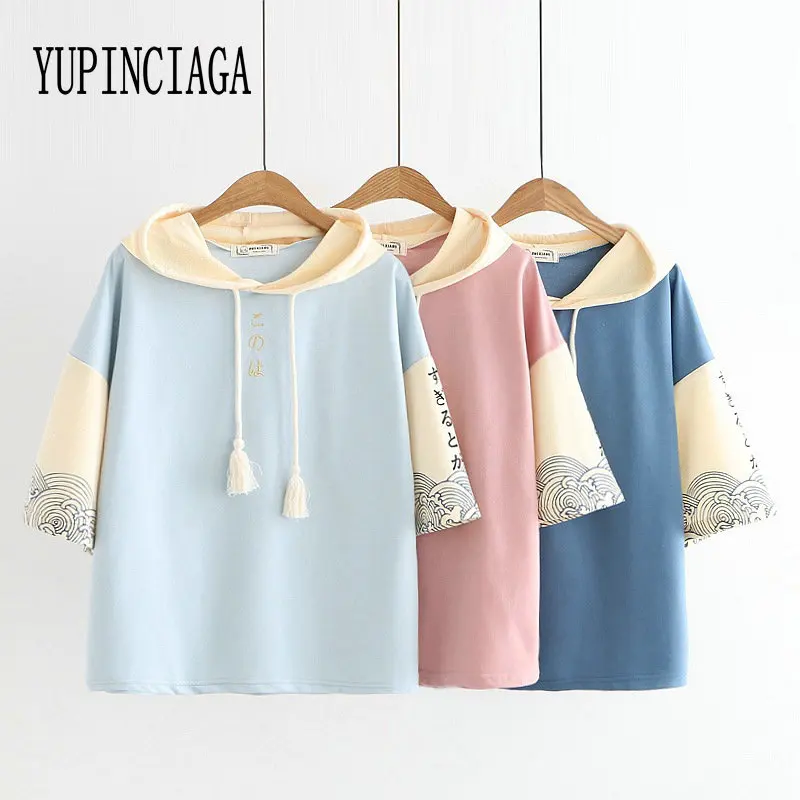 

Women's Hooded Cotton T Shirts Wave Print Short Sleeve O-Neck T Shirt 2020 Spring Femme Casual Loose Tops Tees YUPINCIAGA
