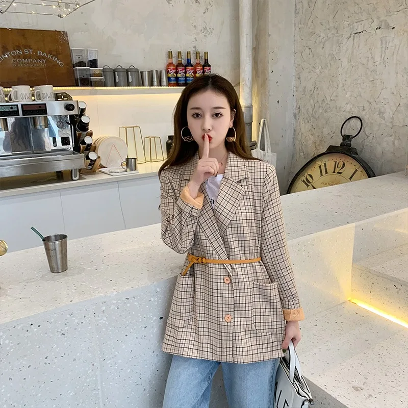 

Retro CHIC Plaid Suit Jacket Women's Autumn 2019 New Style Hong Kong Flavor Loose Casual Students Fresh Suit